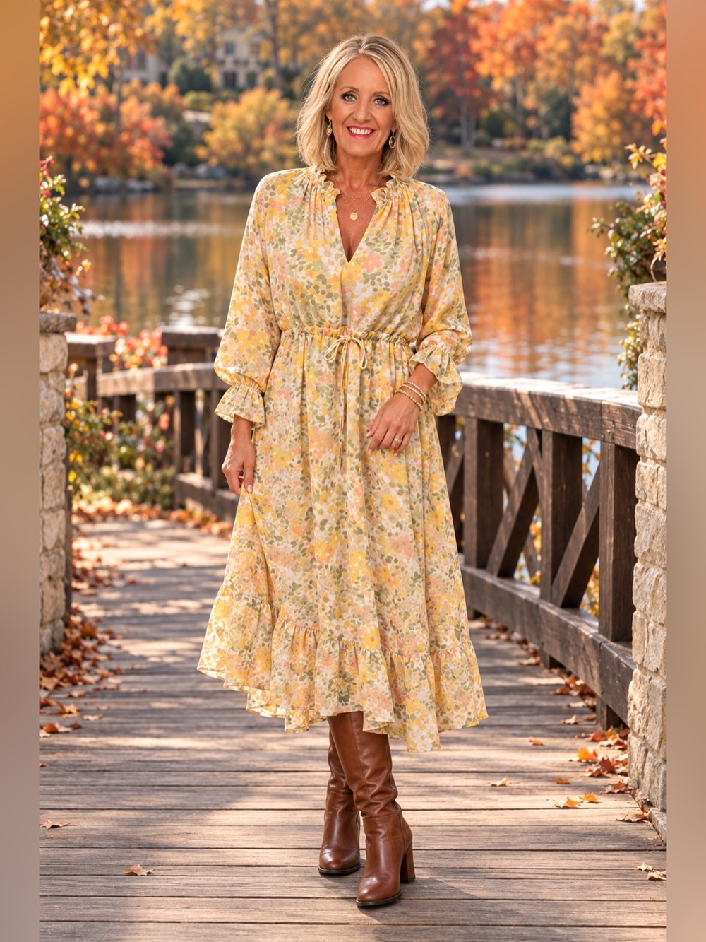 VICI Yellow Floral Tie-Waist Midi Dress Medium